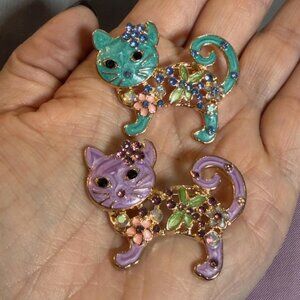 Cat Brooch Set Enamel Rhinestone Oil Drip Pink Teal Pin Pair 1.75”